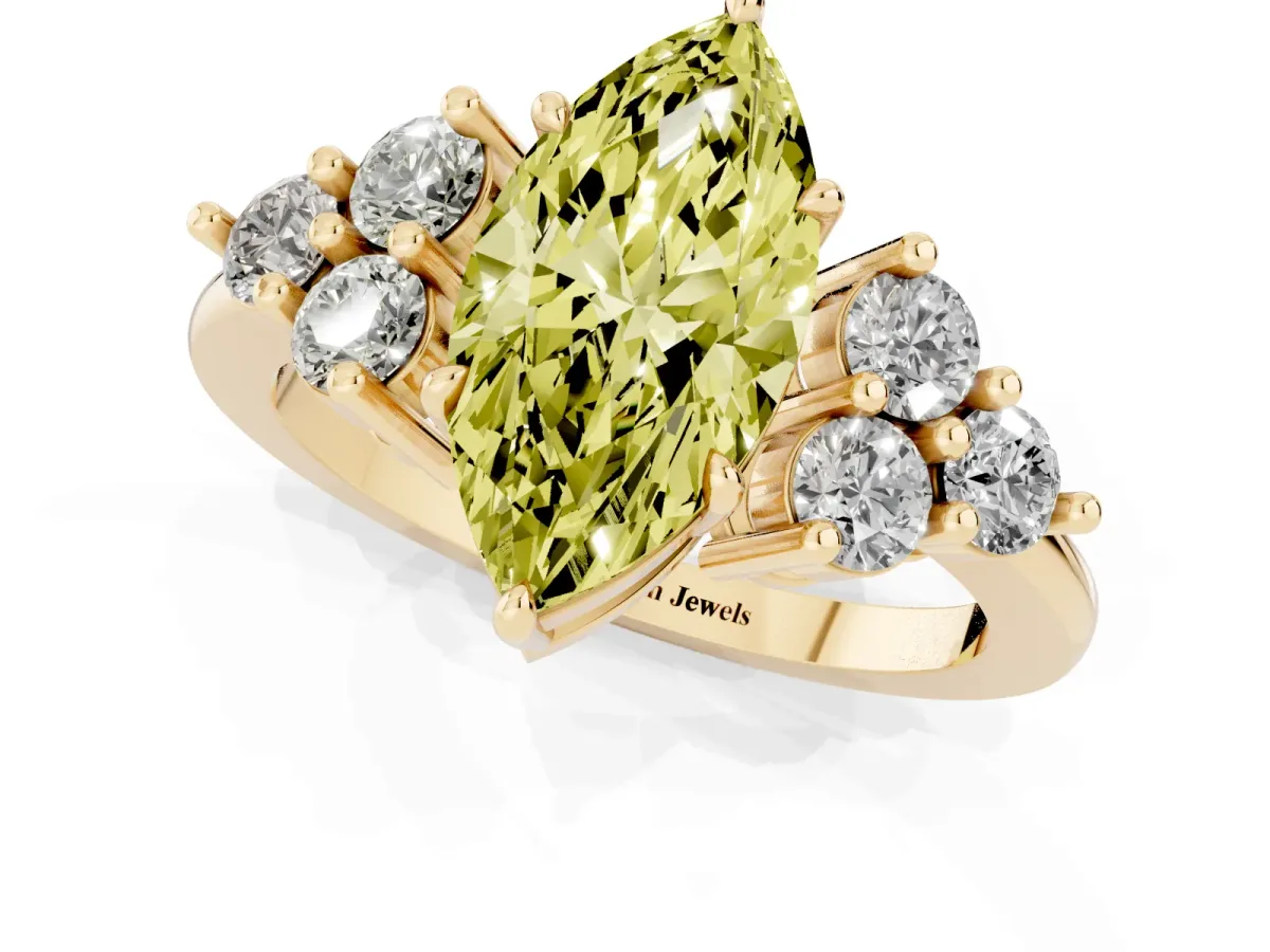 Fancy Yellow Marquise Cut Brilliant Diamond Cluster Accent Solitaire Ring with Prong Setting Yellow gold