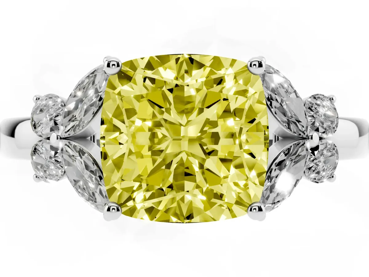 Fancy Yellow Cushion Cut Cut Solitaire Floral Diamond Ring with Four-Prong Setting Silver