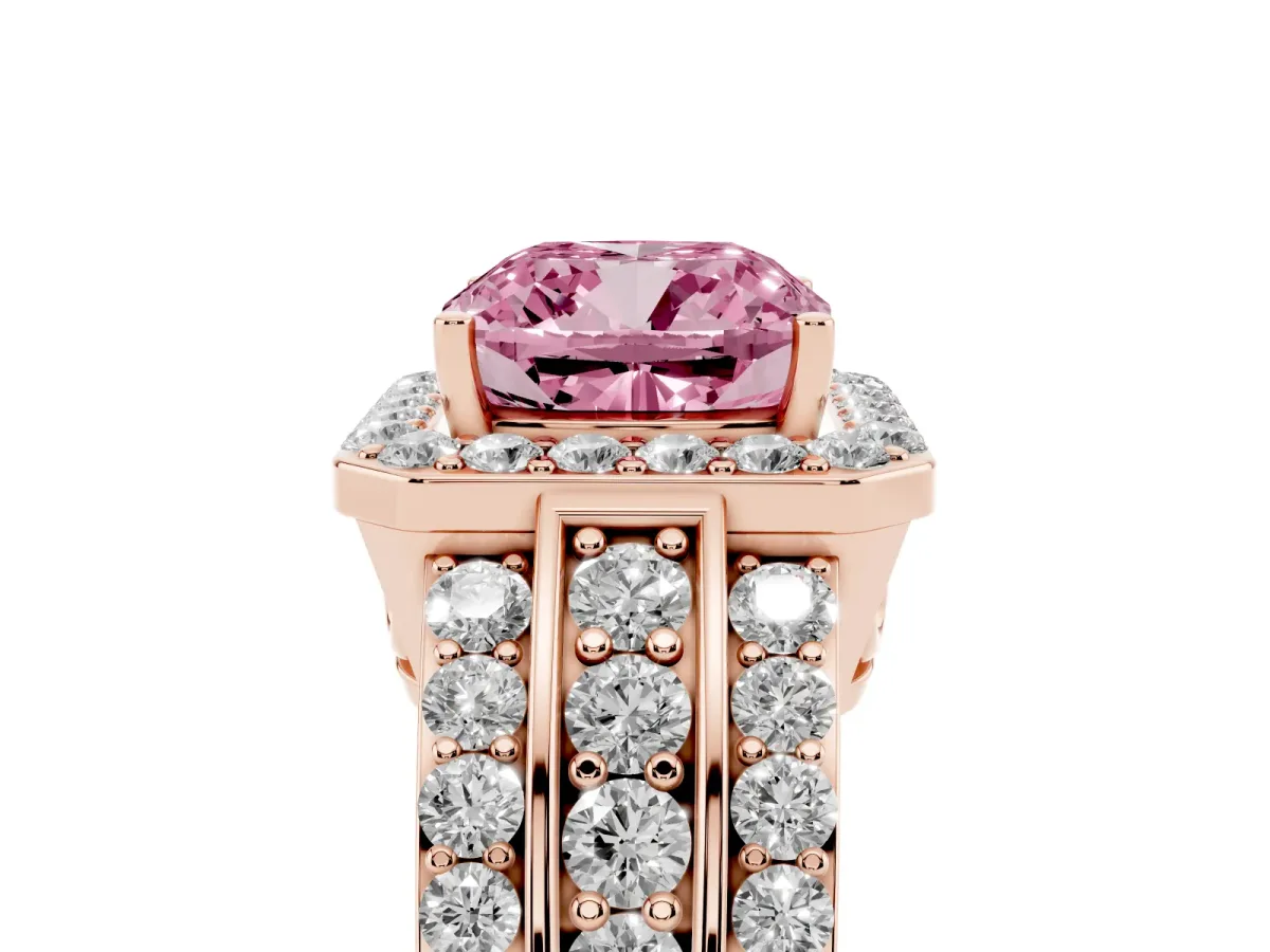 Fancy Pink Cushion Cut Halo Diamond Ring with Round Split Shank and Prong Setting Rose gold