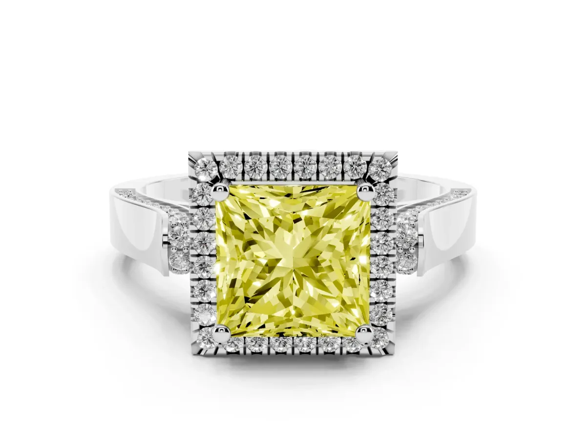 Fancy Yellow Princess Cut Halo Round Diamond Twist Band with Four-Prong Setting White gold