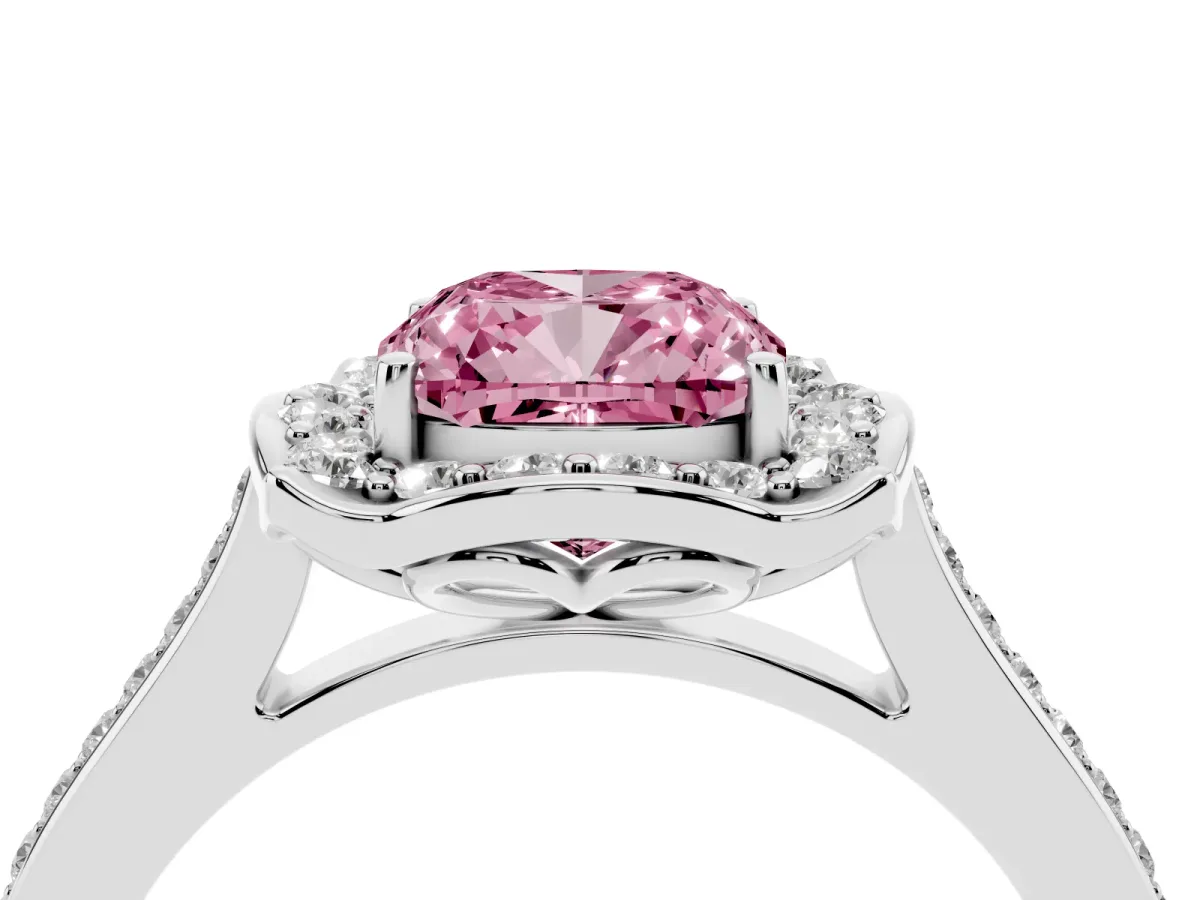 Fancy Pink Cushion Cut Halo Round Diamond Pave Band with Four-Prong Setting Platinum