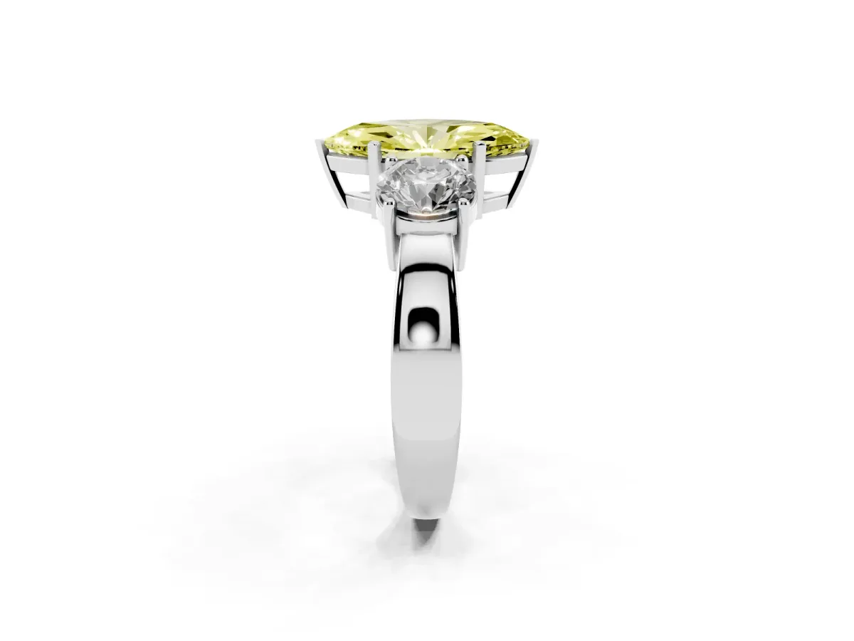 Fancy Yellow Three-Stone Marquise Cut Diamond Ring with Round Side Stones, Classic Band, and Four-Prong Setting White gold