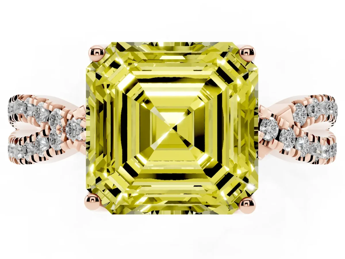 Fancy Yellow Asscher Cut Solitaire Twist Pave Diamond Engagement Ring with Prong Setting Rose gold