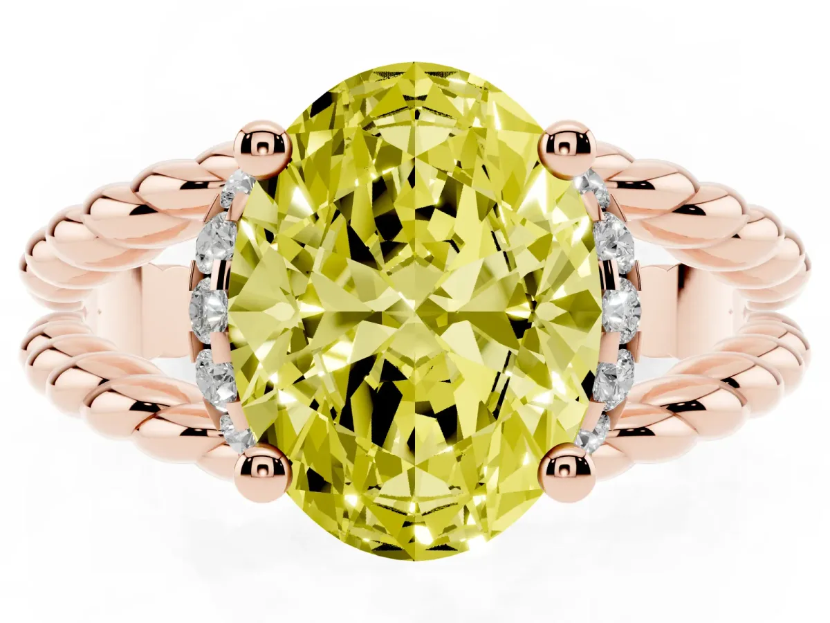 Fancy Yellow Oval Cut Halo Twisted Band Four-Prong Ring Rose gold