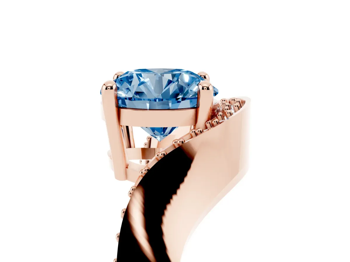 Fancy Blue Round Cut Solitaire Diamond Engagement Ring with Pave Band and Four-Prong Setting Rose gold