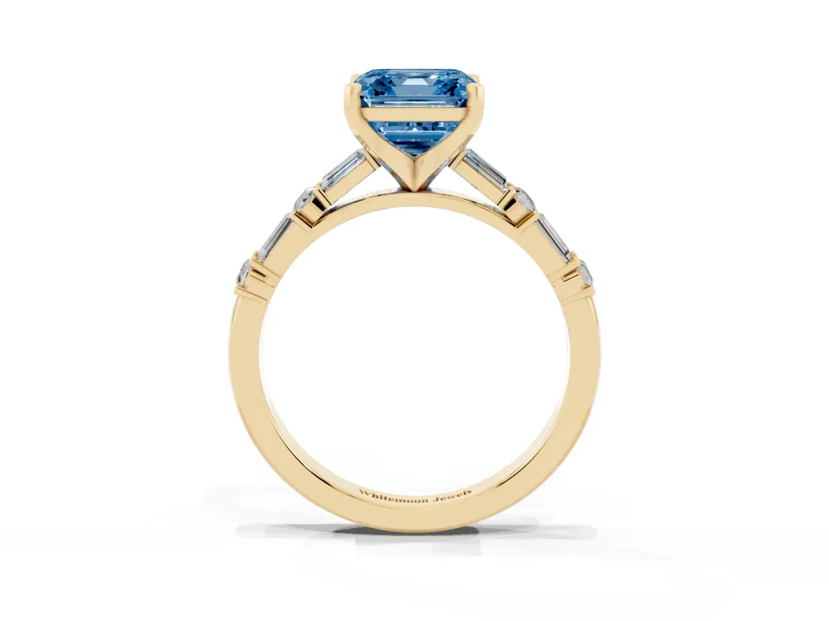 Fancy Blue Asscher Cut Diamond Solitaire with Side Baguettes and Channel Set Band Yellow gold