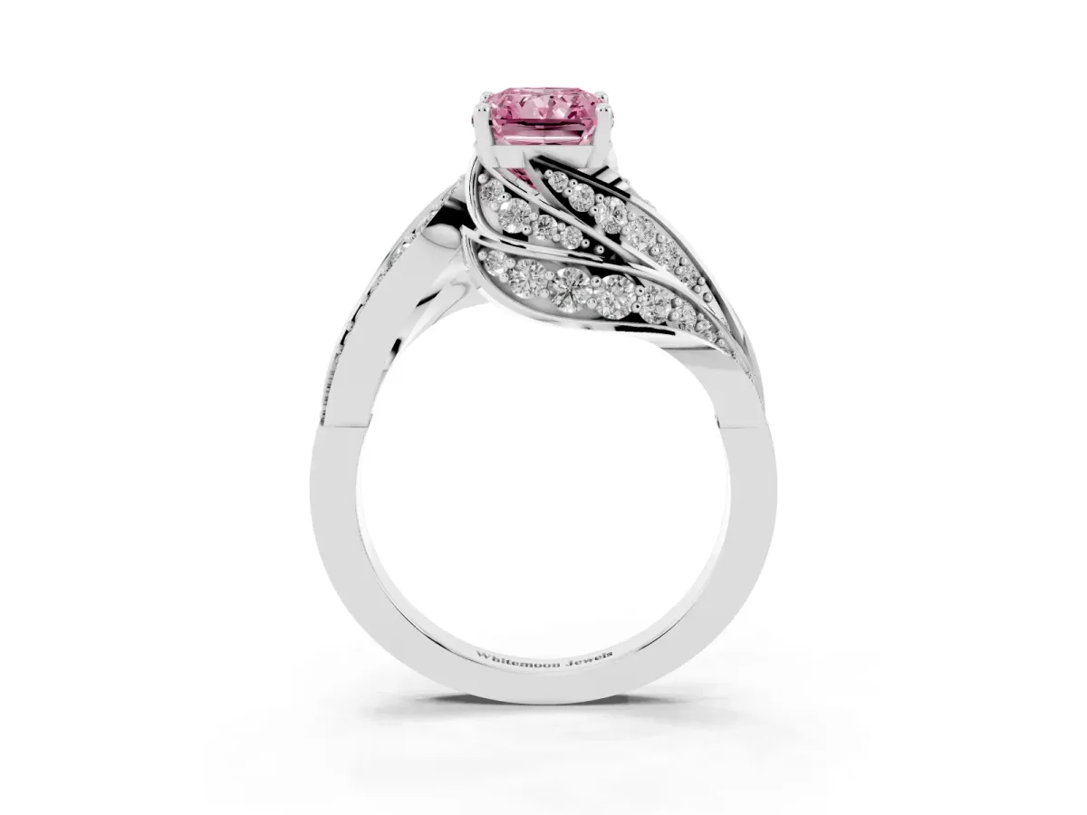 Fancy Pink Radiant Cut Diamond Solitaire Ring with Prong Setting and Twisted Pavé Band Platinum