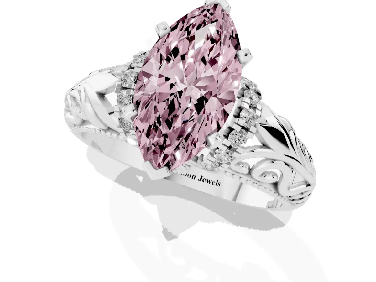 Fancy Pink Marquise Cut Solitaire Filigree Engagement Ring with Halo and Prong Setting Silver