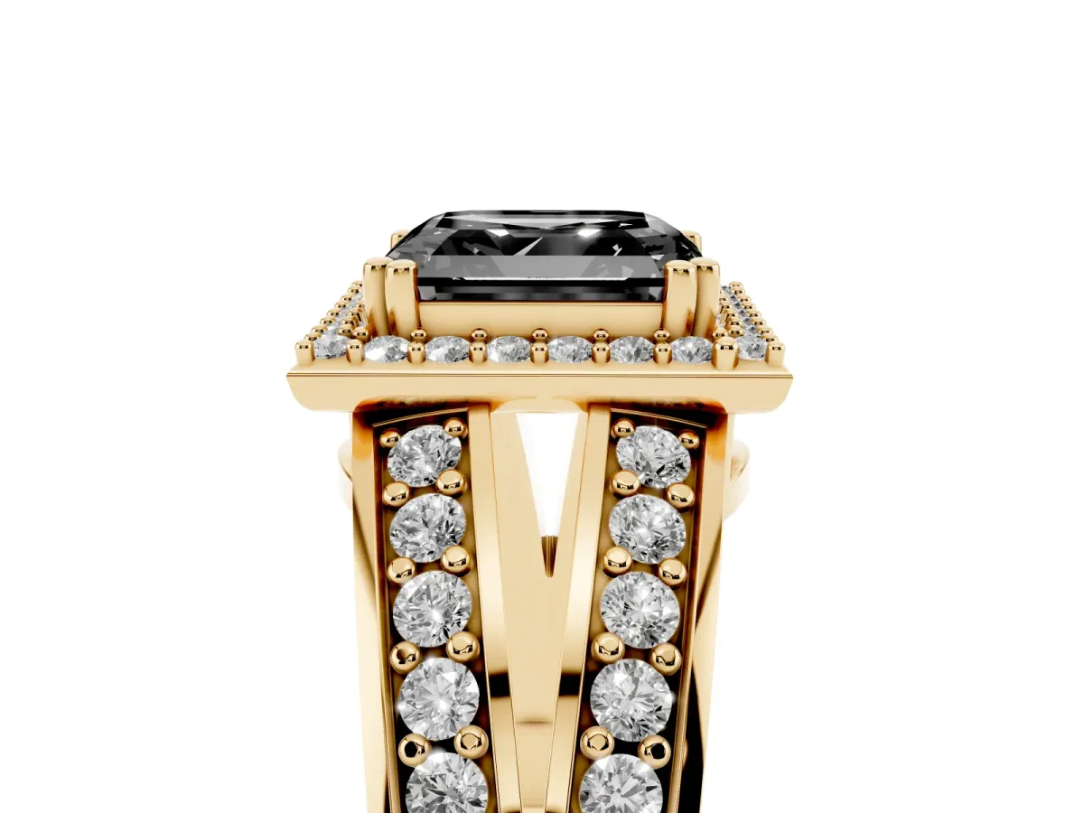 Fancy Black Asscher Cut Diamond Halo Ring with Split Shank Pavé Band and Four-Prong Setting Yellow gold