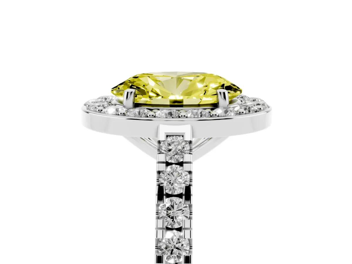 Fancy Yellow Oval Cut Diamond Halo Ring with Round Pavé Split Shank and Prong Setting Silver