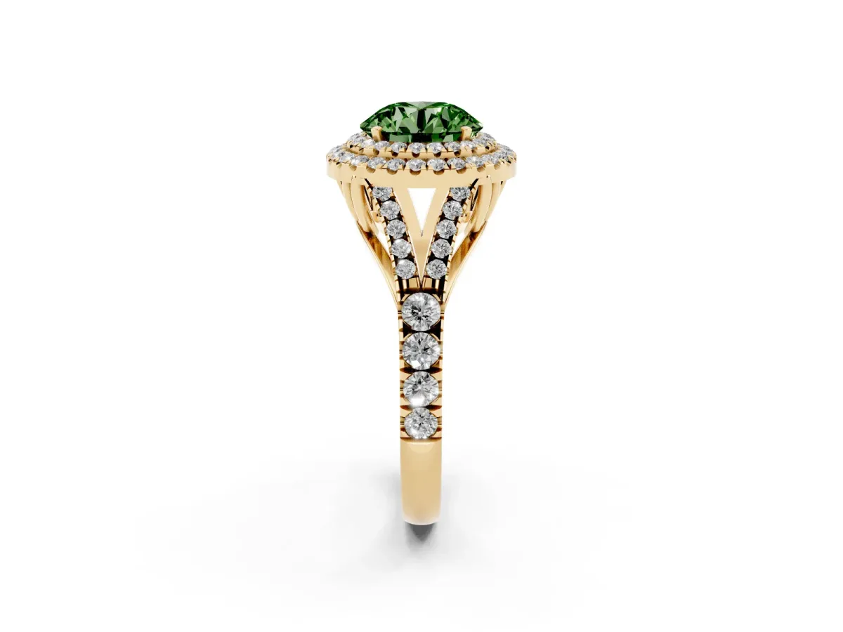 Fancy Green Round Cut Cut Double Halo Split Shank Diamond Ring with Prong Setting Yellow gold