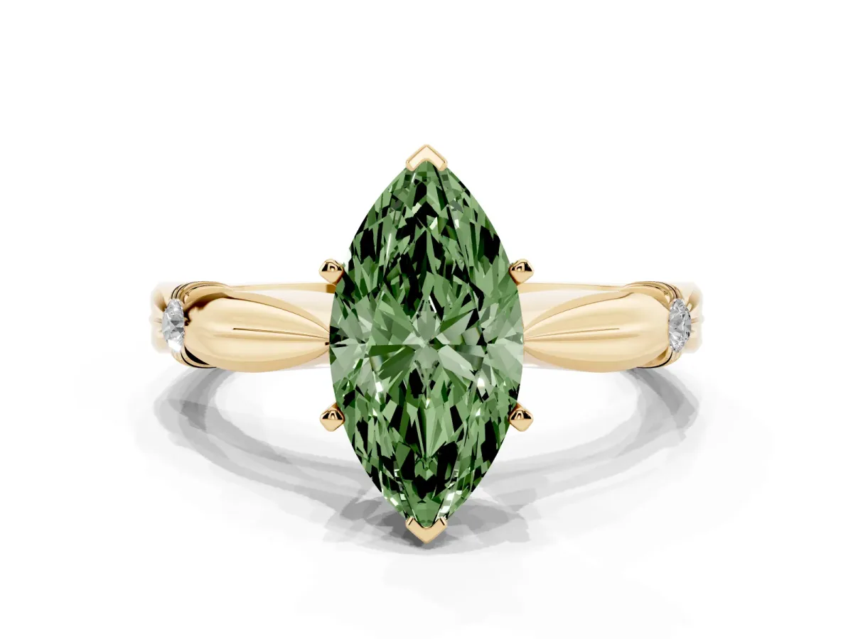 Fancy Green Marquise Cut Solitaire Diamond Twisted Band with Four-Prong Setting Yellow gold