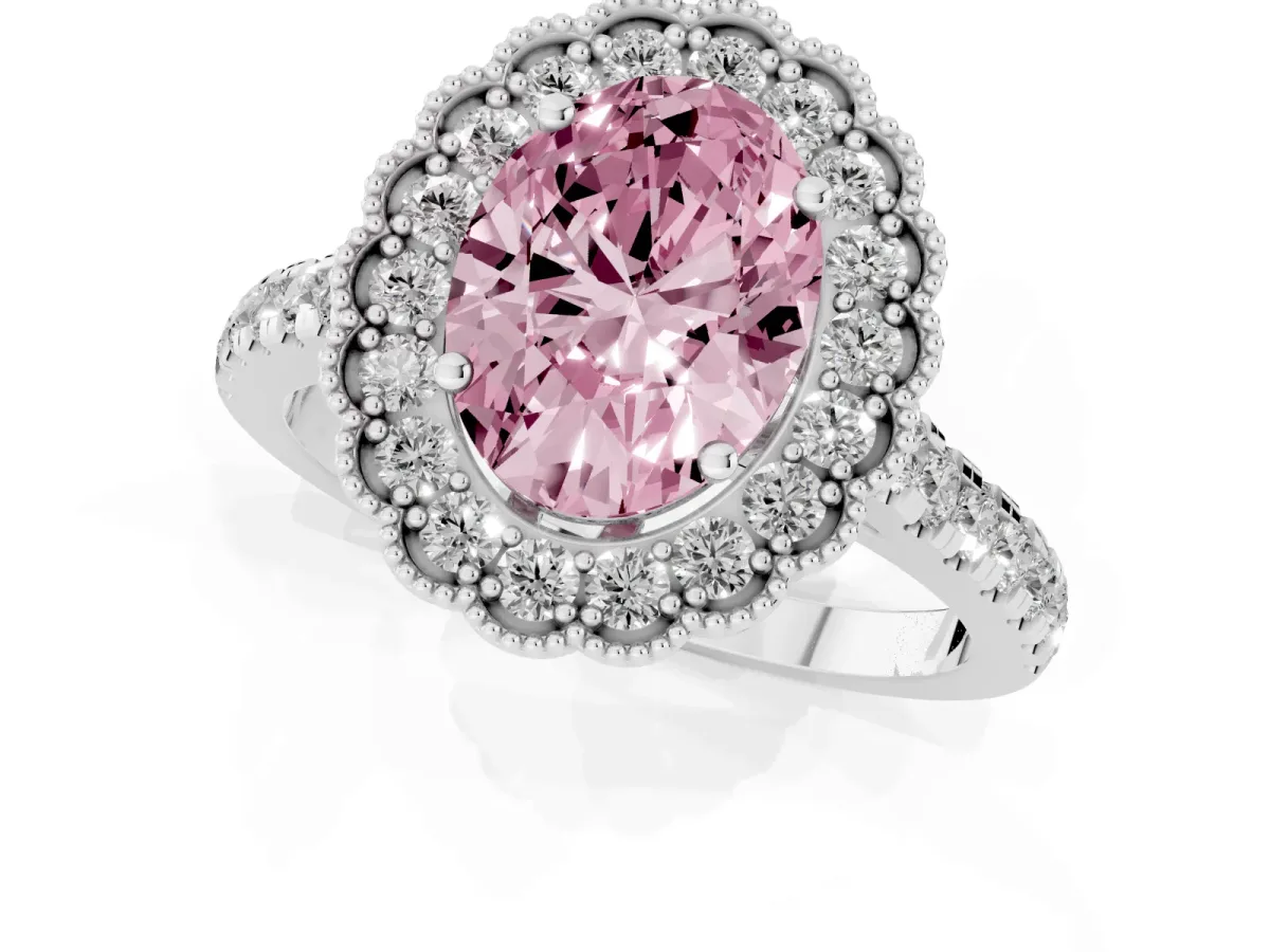 Fancy Pink Oval Cut Cut Diamond Milgrain Floral Halo Engagement Ring with Pavé Band Silver