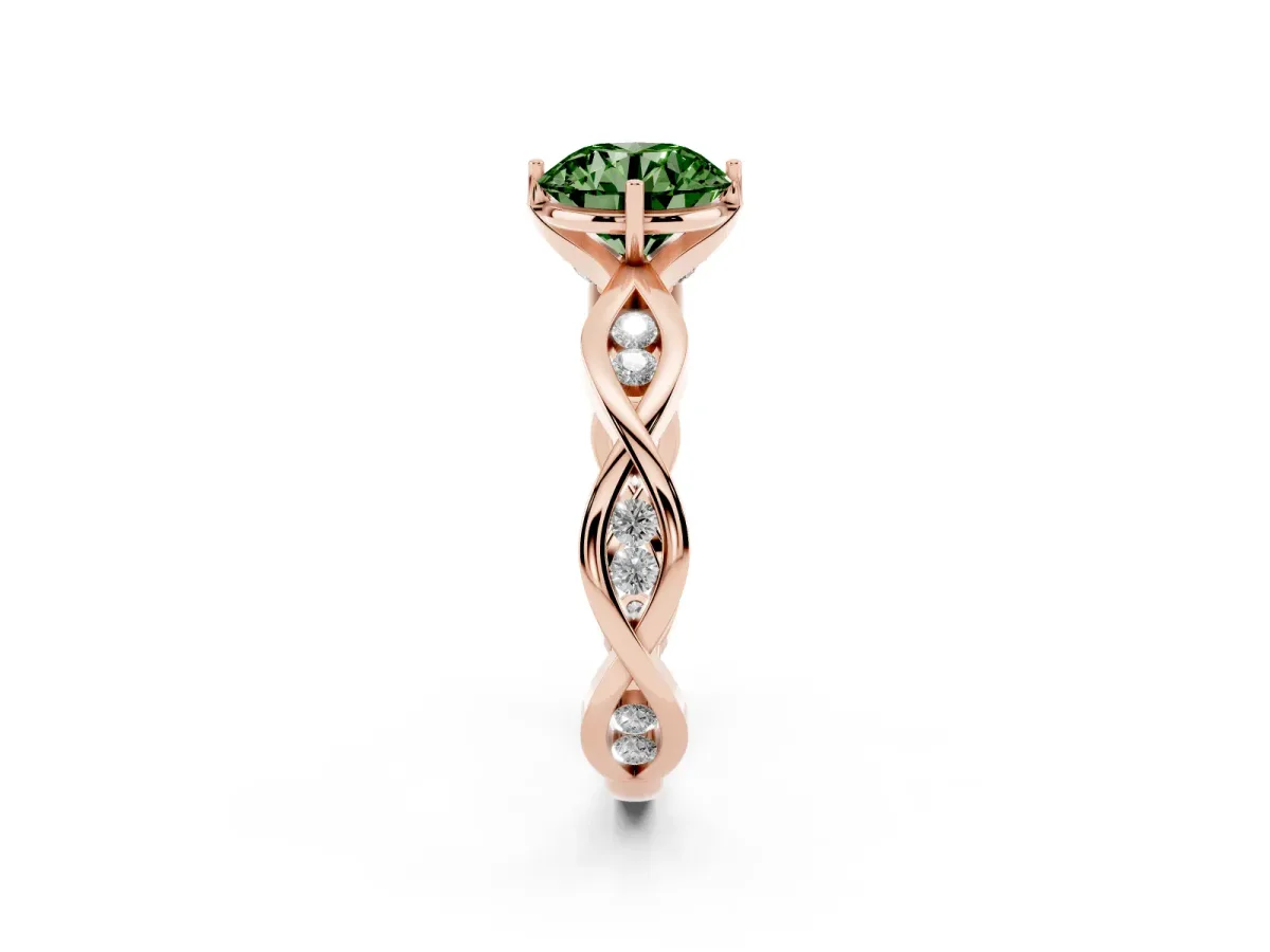 Fancy Green Round Cut Solitaire Twist Band with Leaf Prong Setting Rose gold