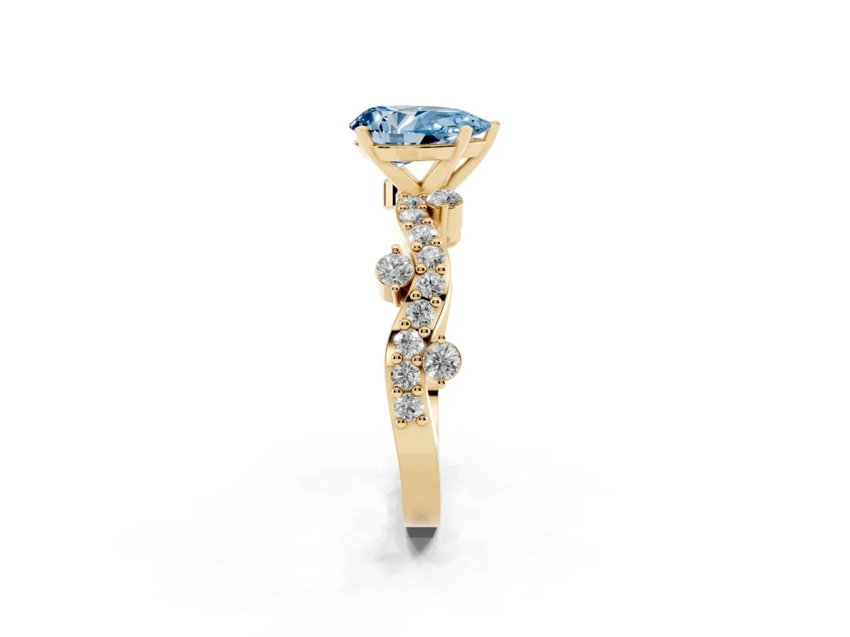 Fancy Blue Pear Cut Cut Solitaire Diamond Twisted Band with Pave Setting Yellow gold