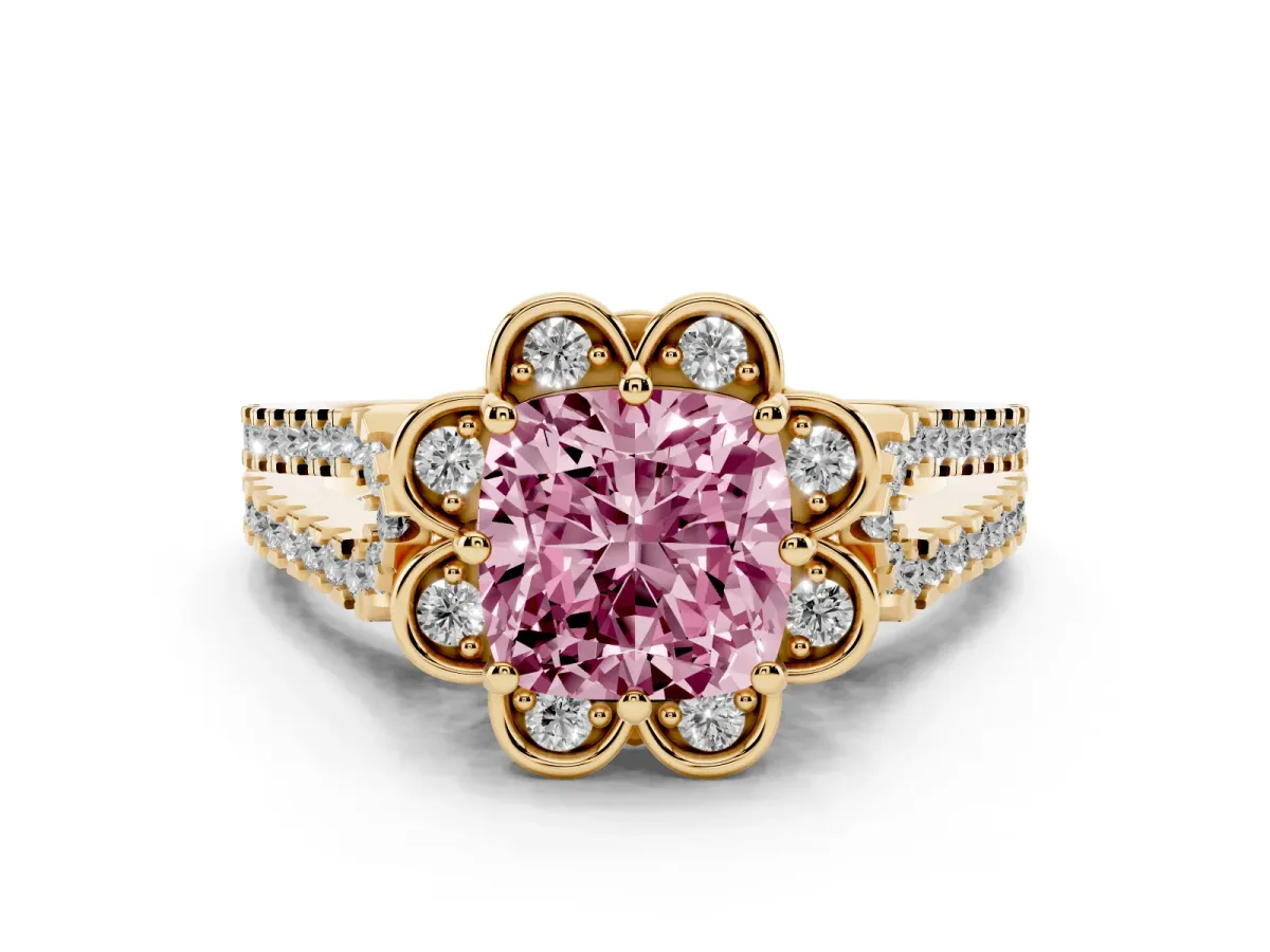 Fancy Pink Cushion Cut Halo Diamond Floral Split Shank Engagement Ring Yellow gold