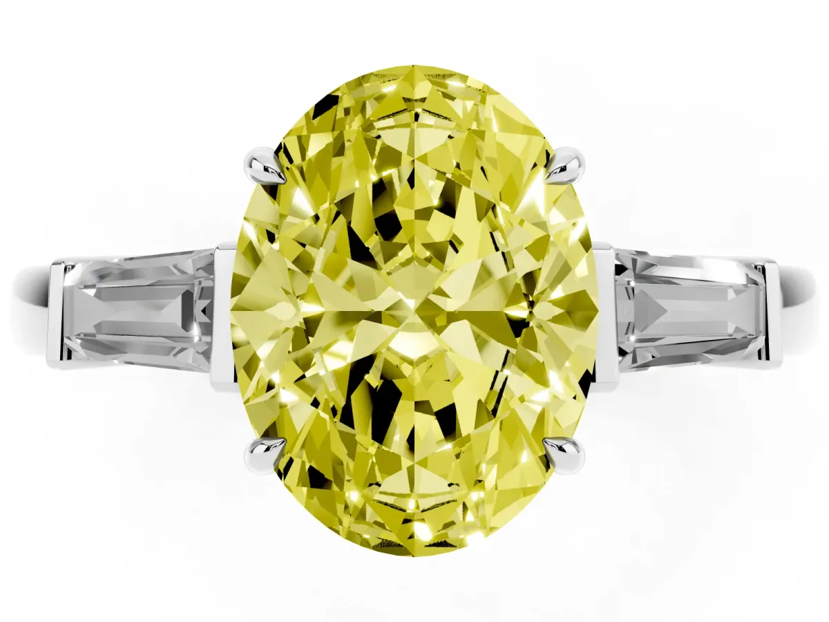 Fancy Yellow Oval Cut Diamond Three-Stone Ring with Tapered Baguette Side Stones and Prong Setting Silver