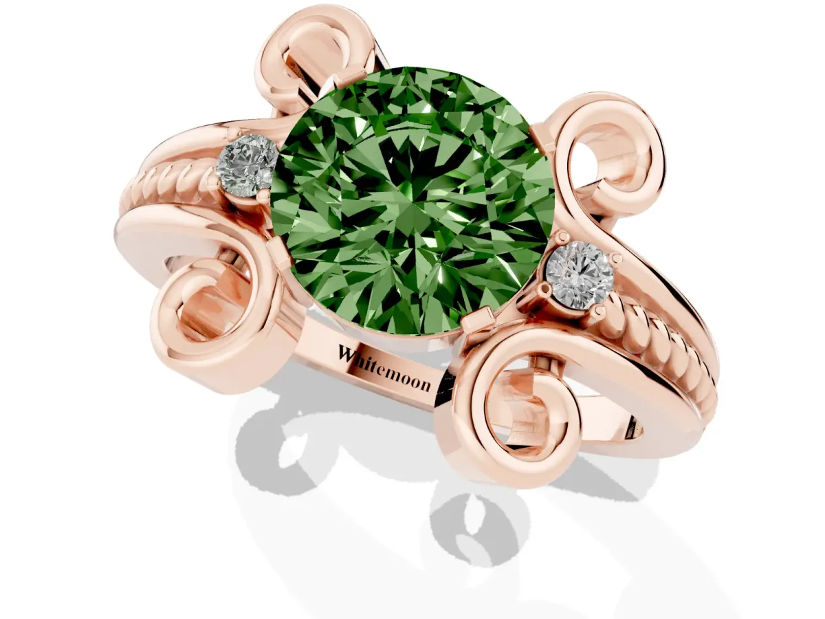 Fancy Green Round Cut Solitaire Twisted Band Scroll Prong Ring Rose gold