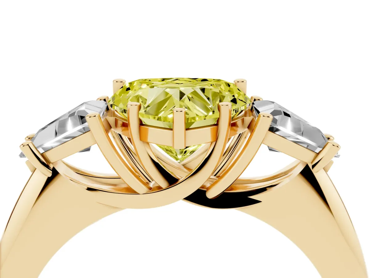Fancy Yellow Three-Stone Heart Cut Diamond Engagement Ring with Trillion Side Stones and Prong Setting Yellow gold