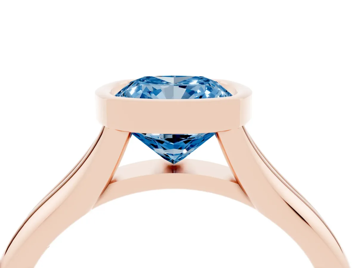Fancy Blue Bezel Set Cushion Cut Solitaire Diamond Ring with Smooth Band Rose gold
