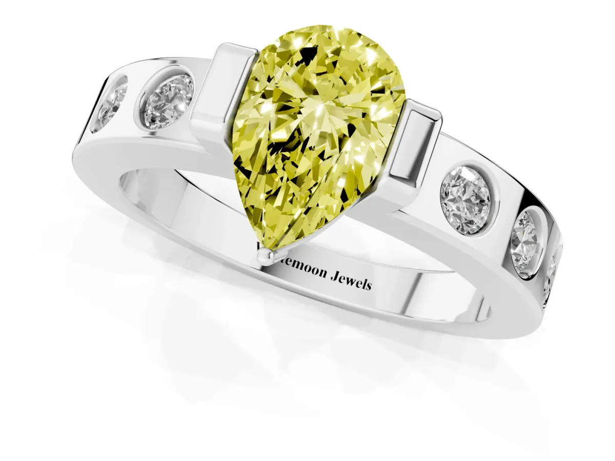Fancy Yellow Pear Cut Brilliant Channel-Set Diamond Ring with Bezel Prong Setting Silver