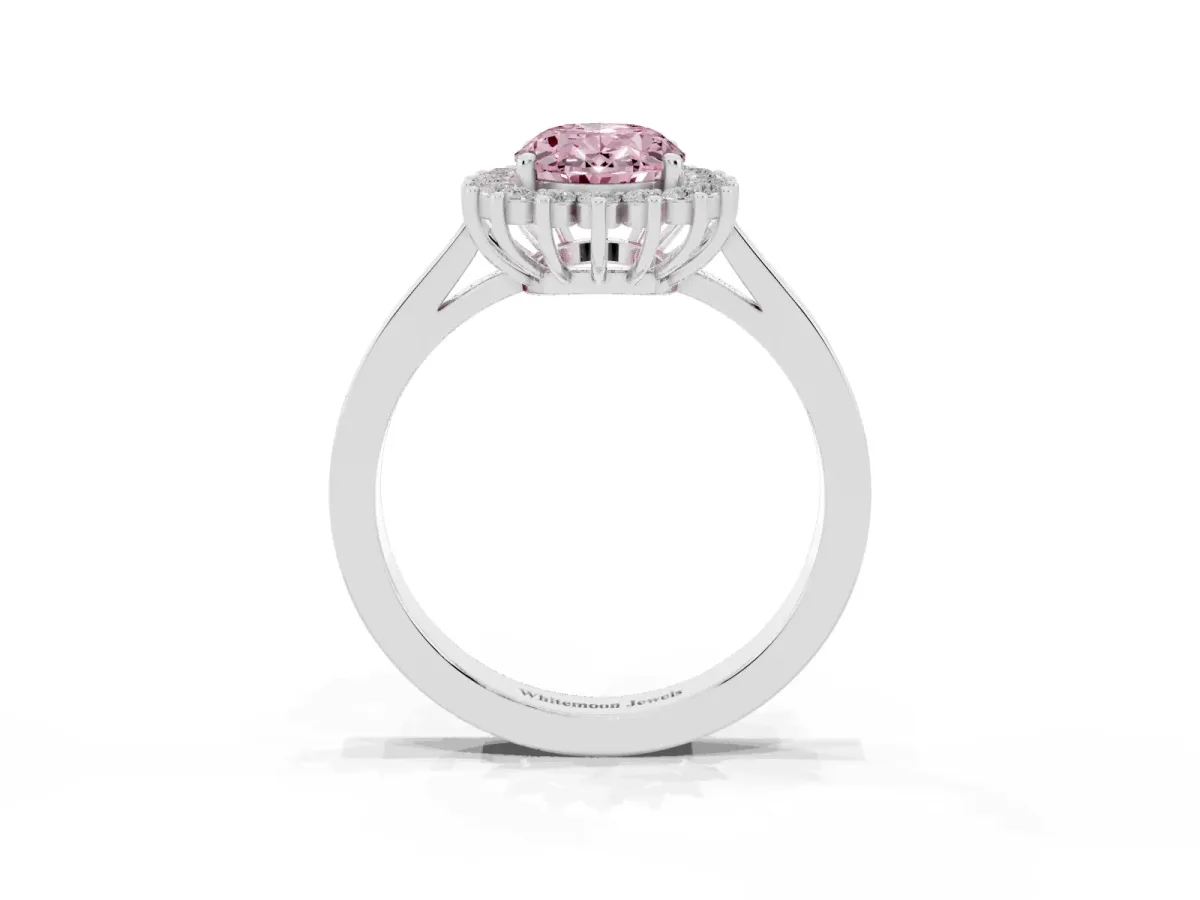 Fancy Pink Oval Cut Cut Diamond Halo Ring with Round Brilliant Halo and Solitaire Band White gold