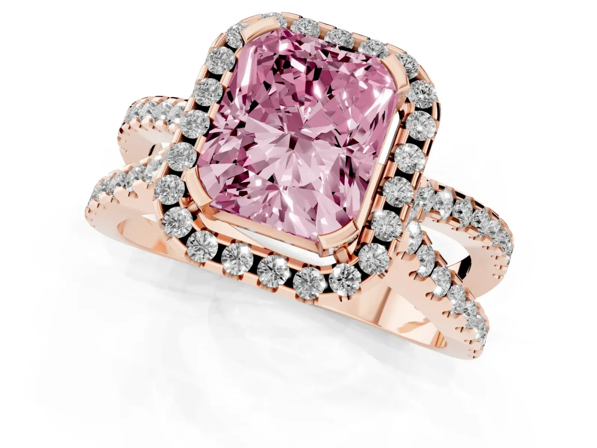 Fancy Pink Radiant Cut Diamond Halo Ring with Split Shank Pavé Band and Prong Setting Rose gold