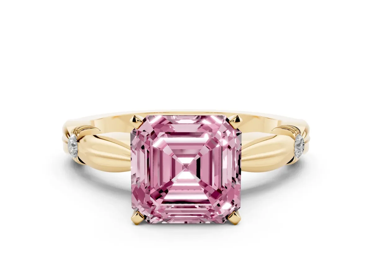Fancy Pink Asscher Cut Solitaire Diamond Twisted Band with Four-Prong Setting Yellow gold