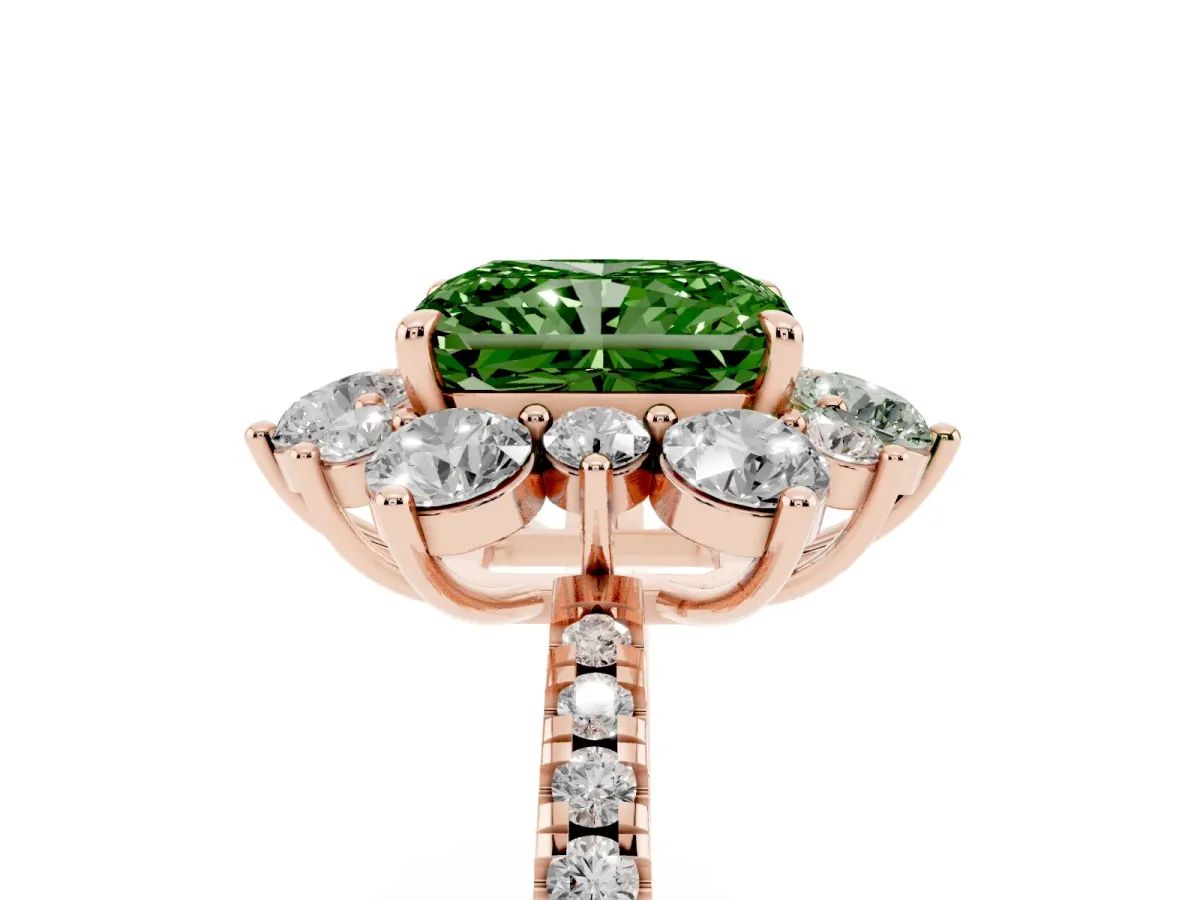Fancy Green Radiant Cut Diamond Floral Halo Ring with Round Pavé Band and Prong Setting Rose gold