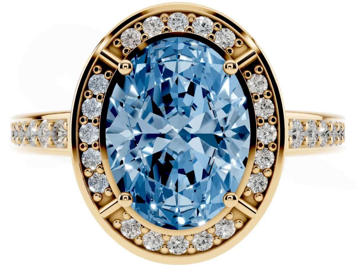 Fancy Blue Oval Cut Cut Halo Pave Split Shank Prong Setting Ring Yellow gold