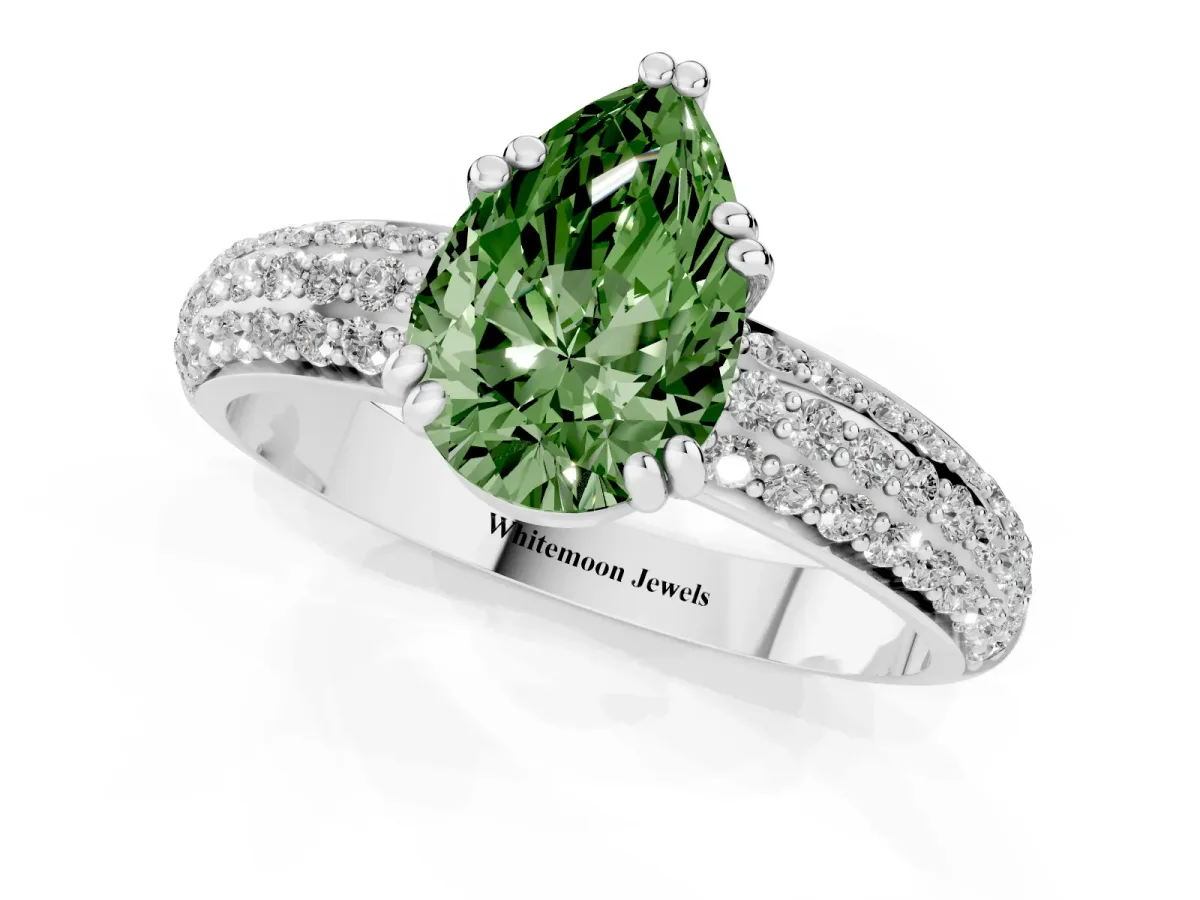 Fancy Green Pear Cut Diamond Solitaire Ring with Multi-Row Round Pavé Band and Prong Setting Silver