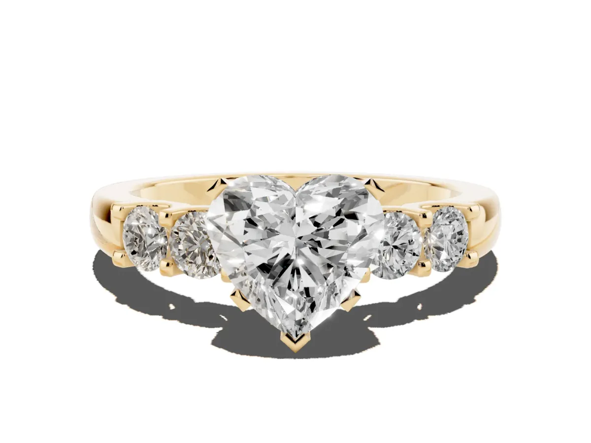Heart Cut Brilliant Cut Diamond Five-Stone Prong Set Engagement Ring with Channel Band Yellow gold