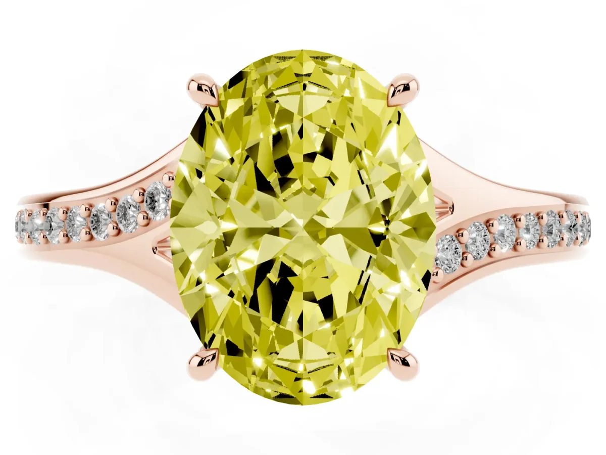 Fancy Yellow Oval Cut Diamond Solitaire Ring with Pavé Band and Prong Setting Rose gold