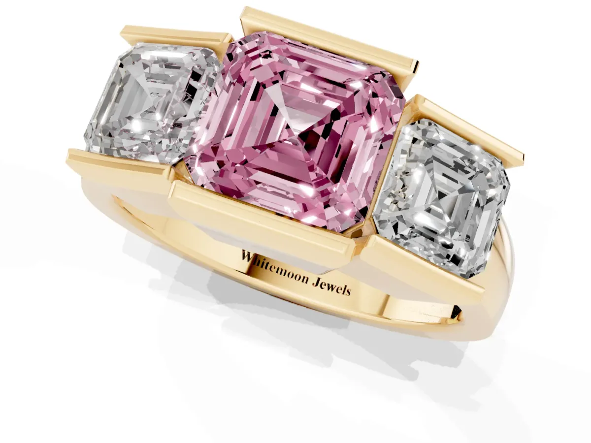Fancy Pink Three Stone Asscher Cut Cut Channel Set Diamond Ring Yellow gold