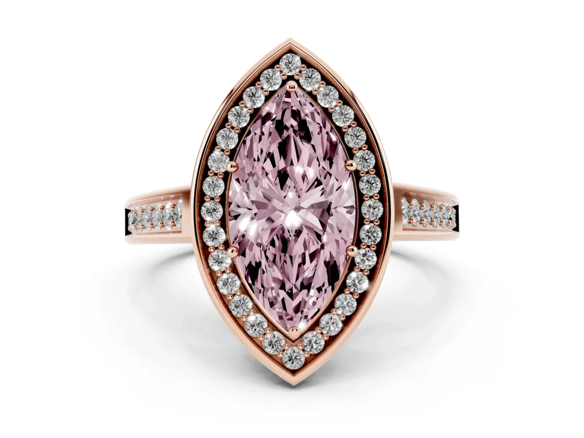 Fancy Pink Marquise Cut Halo Solitaire Diamond Ring with Pave Band and Bezel Setting Rose gold