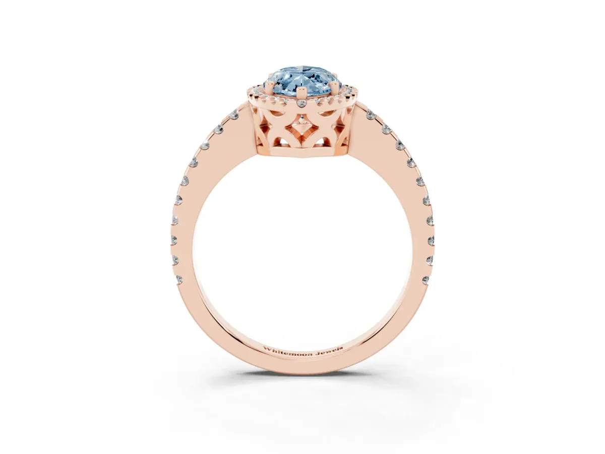 Fancy Blue Marquise Cut Diamond Halo Engagement Ring with Pavé Band and Prong Setting Rose gold