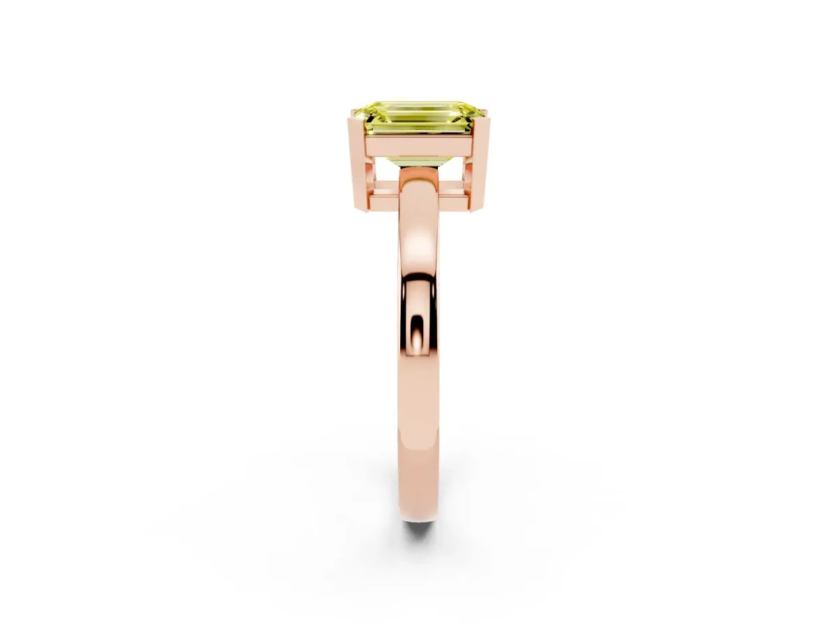 Fancy Yellow Emerald Cut Cut Solitaire Ring with Four-Prong Setting and Classic Band Rose gold