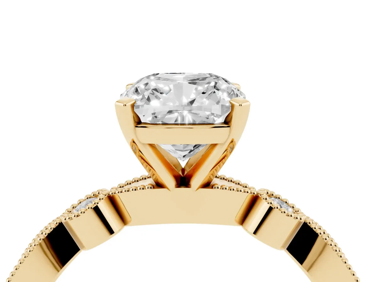 Cushion Cut Milgrain Bezel Diamond Engagement Ring with Solitaire Prong Setting Yellow gold