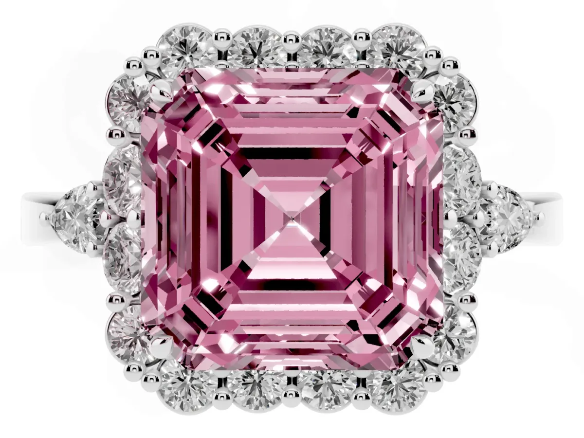 Fancy Pink Asscher Cut Diamond Halo Ring with Pear Side Stones and Prong Setting Silver