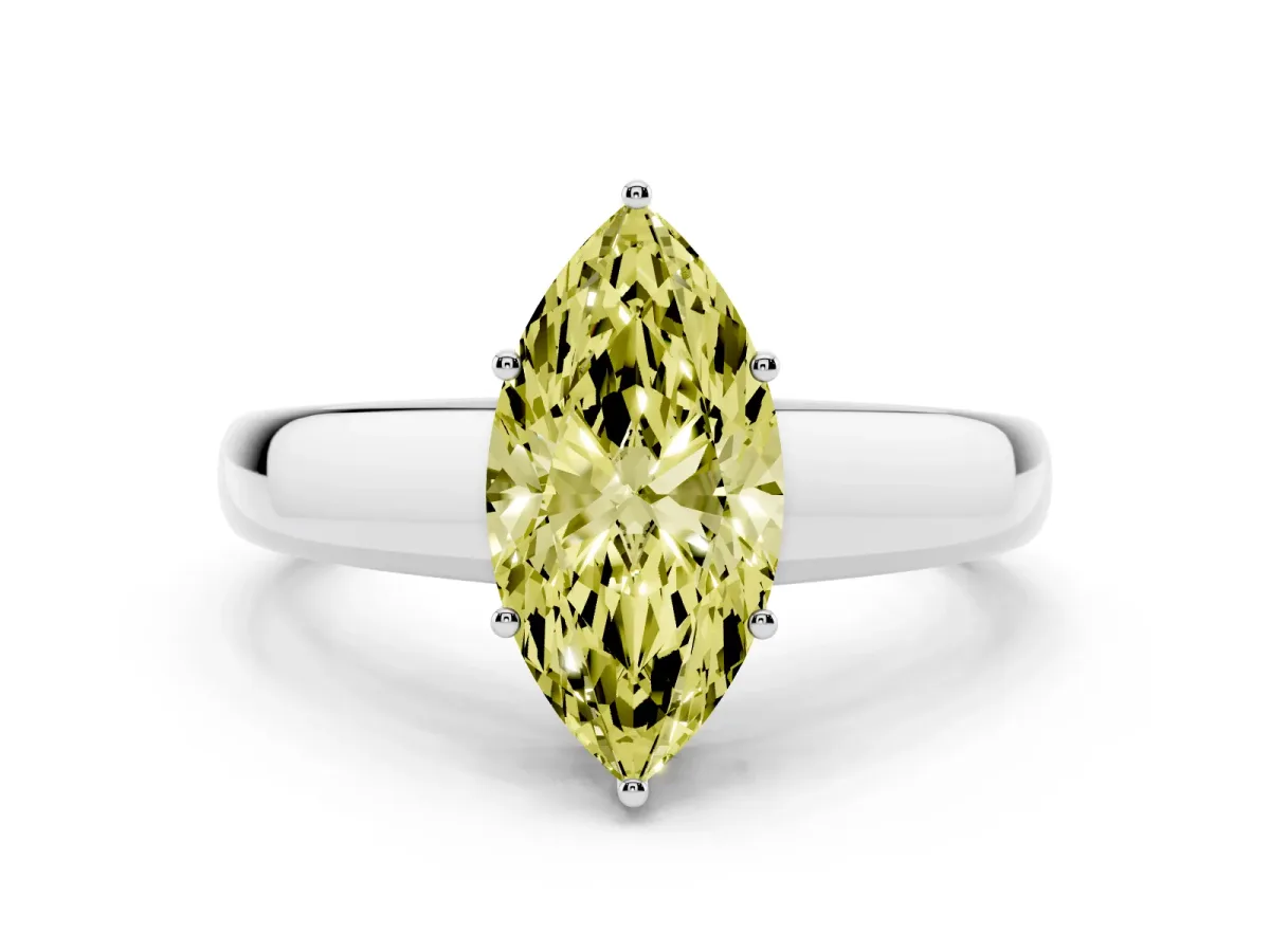 Fancy Yellow Marquise Cut Solitaire Diamond Ring with Tapered Band and Four-Prong Setting Platinum