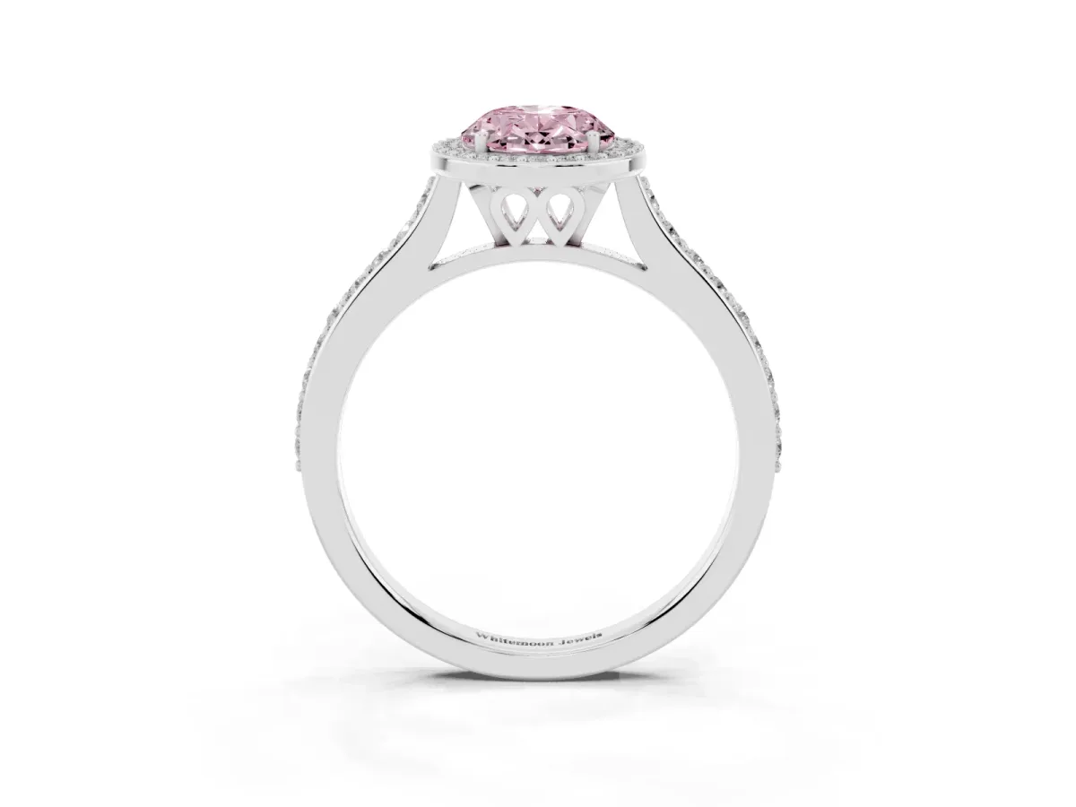 Fancy Pink Oval Cut Diamond Halo Engagement Ring with Round Pavé Shoulders and Prong Setting Platinum