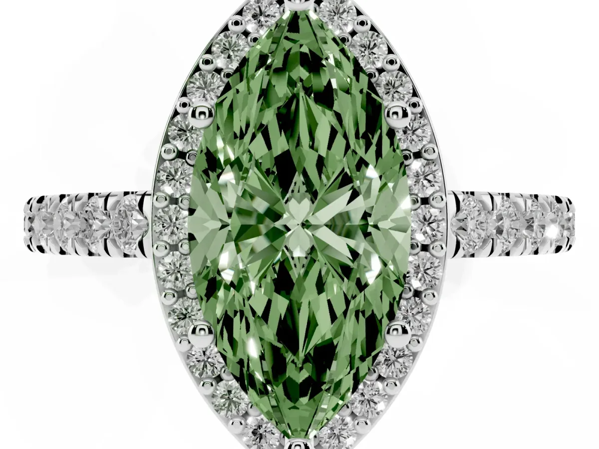 Fancy Green Marquise Cut Cut Halo Diamond Engagement Ring with Pave Band and Four-Prong Setting White gold