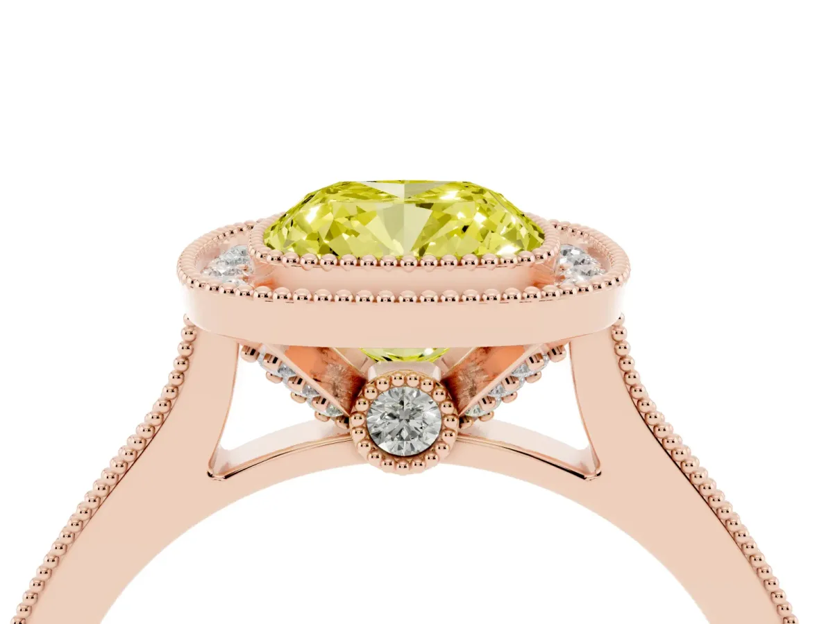 Fancy Yellow Halo Cushion Cut-Cut Diamond Pave Band Milgrain Prong Setting Ring Rose gold