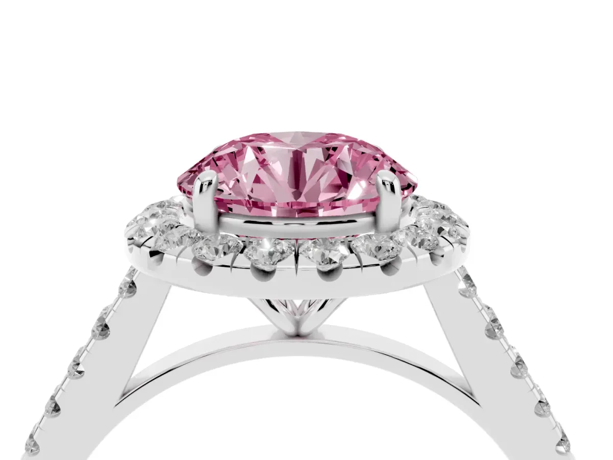 Fancy Pink Round Cut Halo Pave Diamond Engagement Ring with Four-Prong Setting Silver