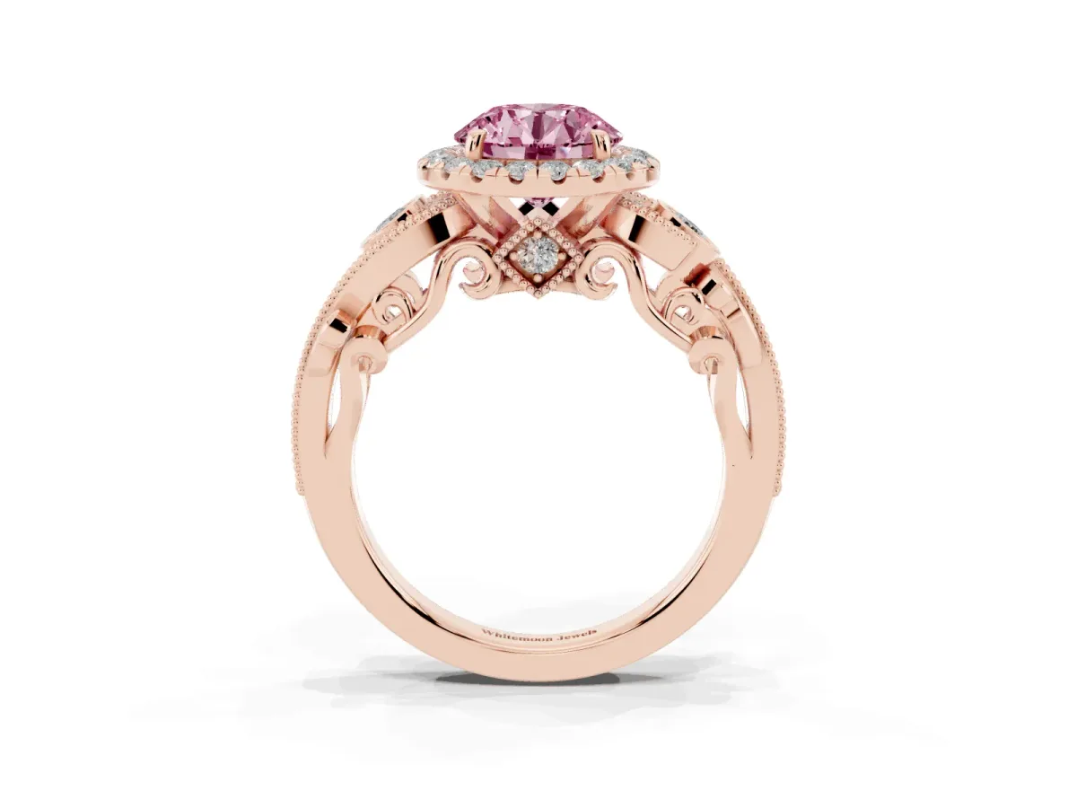 Fancy Pink Round Cut Halo Diamond Ring with Milgrain and Bezel Accents on a Split Shank Band Rose gold