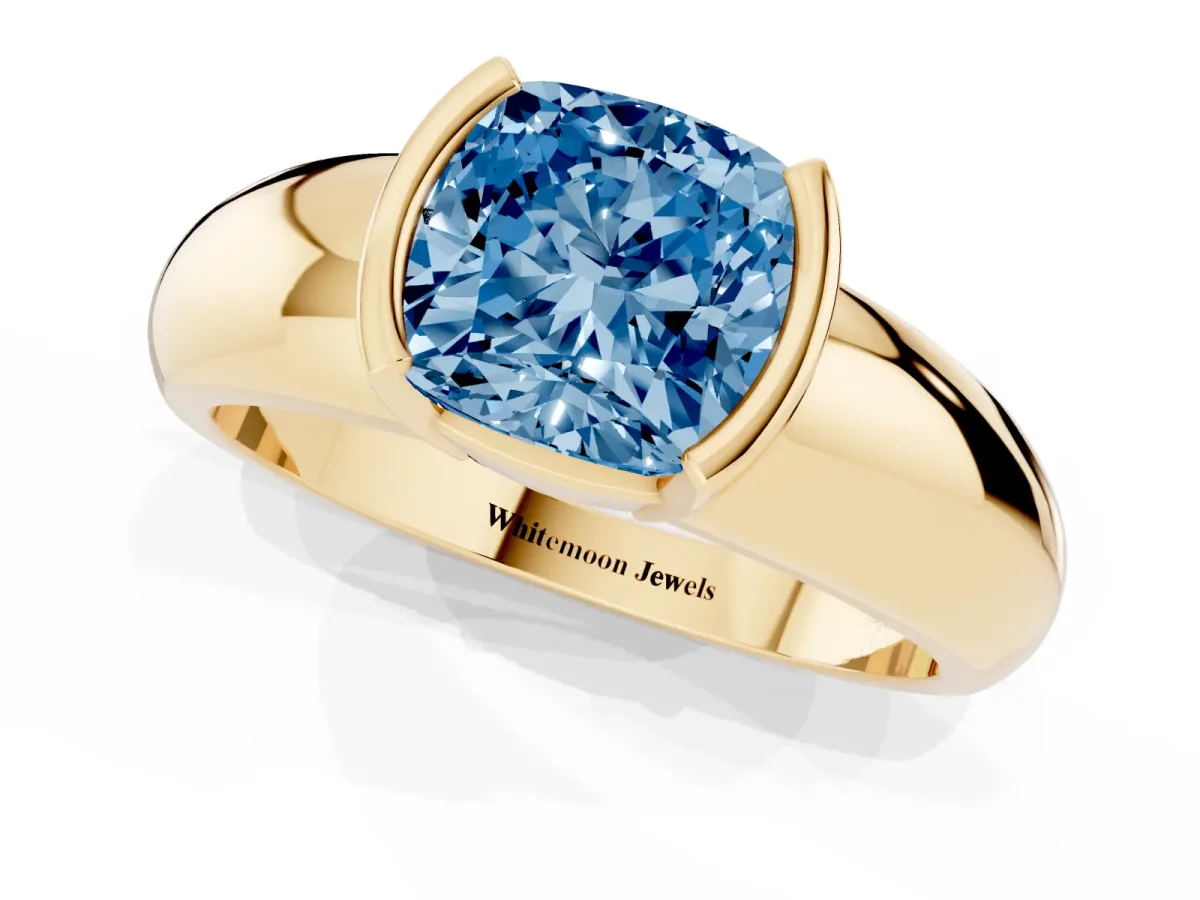Fancy Blue Cushion Cut Solitaire Tension Set Diamond Ring with Wide Band Yellow gold