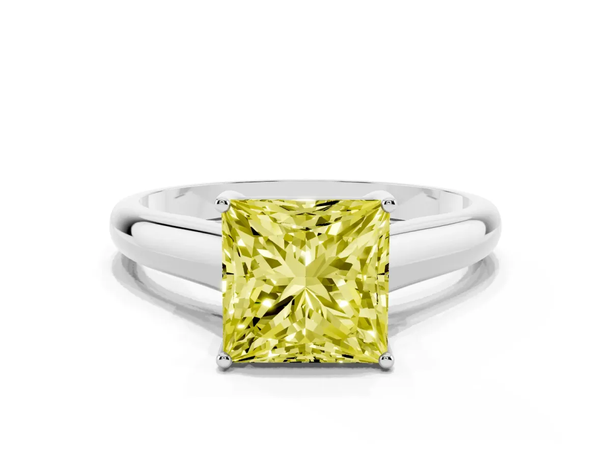 Fancy Yellow Princess Cut Solitaire Engagement Ring with Tapered Band and Four-Prong Setting Silver