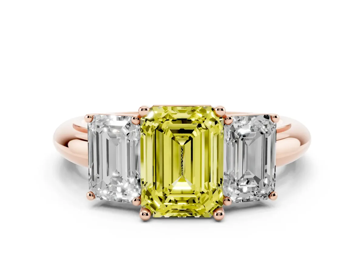 Fancy Yellow Three-Stone Emerald Cut Cut Diamond Engagement Ring with Prong Setting on a White Gold Band Rose gold