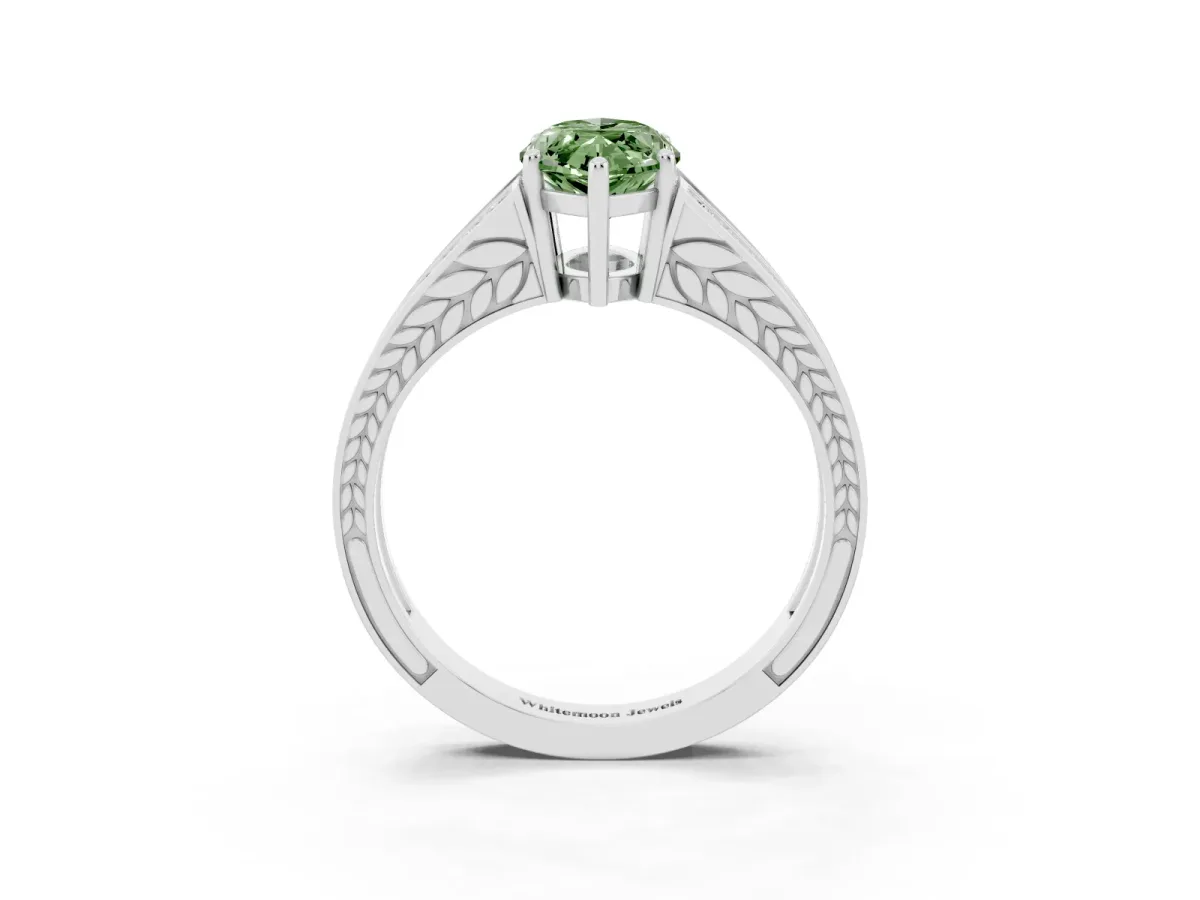 Fancy Green Marquise Cut Diamond Split Shank Ring with Pavé Band and Four-Prong Setting White gold