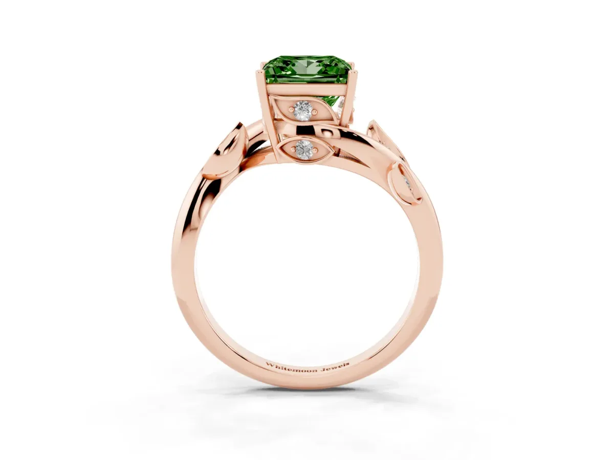 Fancy Green Princess Cut Solitaire Twist Engagement Ring with Leaf Accents and Prong Setting Rose gold